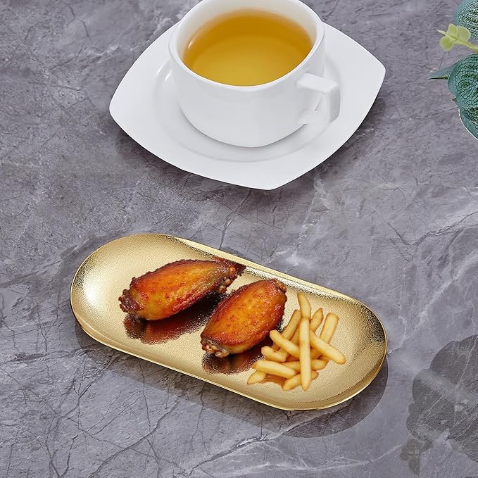SANQIAHOME 7X3 inch ellipse Appetizer Plates,thick stainless steel Dinner Plates, Pasta Dessert Plates for Sushi, Fruit oven/Dishwasher Safe, Set of 4,Gold