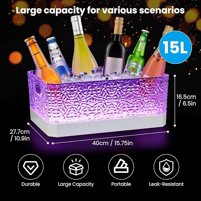 LED Light Up Plastic ice buckets for parties 15L large Clear beverage tub 7-color LED light ice buckets For Champagne Beer Cocktails Family Gathering Bar Nightclub Essential (Diamond texture)