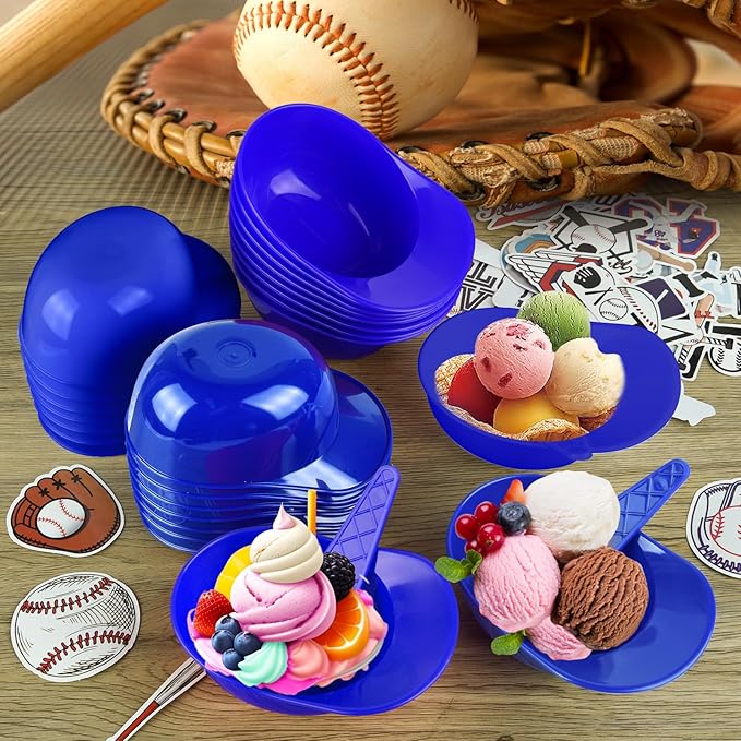 MEEZY 50 Set Baseball Helmet Ice Cream Bowls with 25 Mini Dessert Cups and 25 Spoons, 8oz Reusable Baseball Cap Snack Dessert Cup Bowls Baseball Party Favors for Kids Sports Birthday Party Supplies