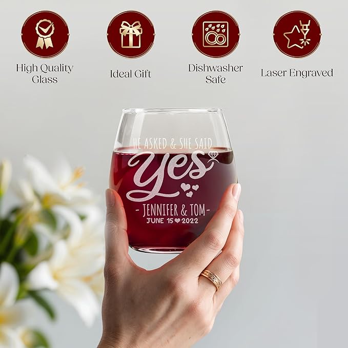 Custom She Asked Said Yes Bride Groom Wedding Engraved Set of 2 Stemless Wine Glasses and Accessories with Wood Box Design Your Own Personalized Gift for Him Her Couples