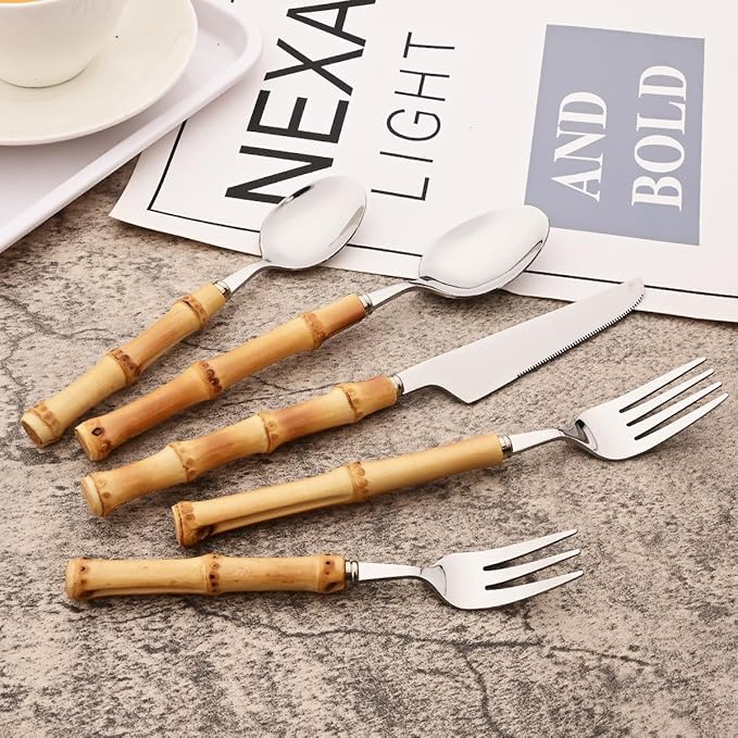 6-Piece Bamboo Silverware Set, Stainless Steel Flatware Hostess Serving Set Bamboo Utensils Tableware Set for Home Camping Travel Hotel - 6pcs Dinner Spoon