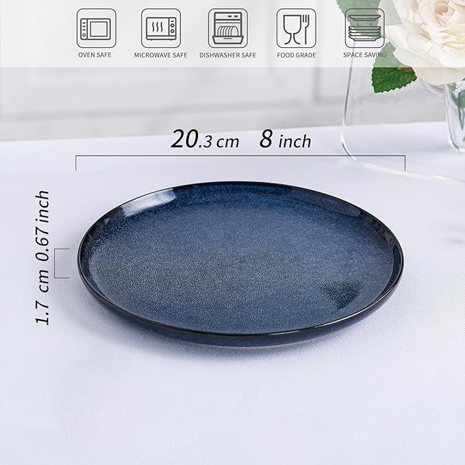 Ceramic Salad Dessert Plates Set: 8 inch Porcelain Reactive Glaze Plates Set, Mordern Stoneware Kitchen Dinnerware Dishes Set, Microwave & Dishwasher Safe, Scratch Resistant, Set of 6 (Blue)