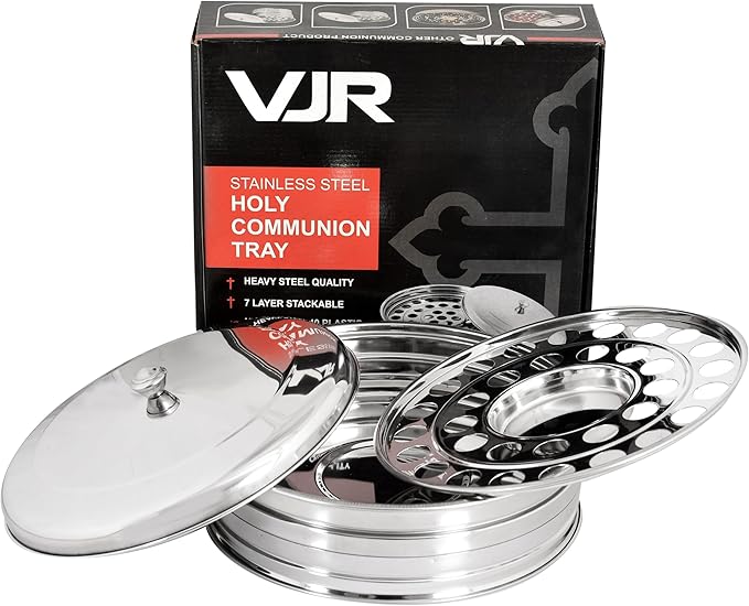 VJR Communion Tray Set with Bread Plate & Cover – Polished Stainless Steel Drink Serving Set – Church Communion Plates and Tray Set