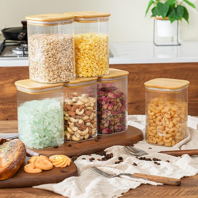 37oz Airtight Glass Square Storage Canisters with Bamboo Lids Set of 6 (1100ml) Striped Stackable Containers, Decorative Kitchen Jars for Tea, Nuts and Coffee (‎with Black Lable)