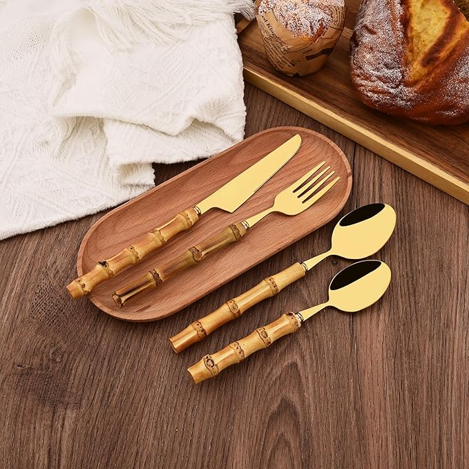 Stainless Steel Flatware Set, Bamboo Handle Silverware Set, Reusable Eating Utensils for Home Kitchen and Restaurant, Modern Gold Cutlery Set, 8 Pieces Dinner Spoons