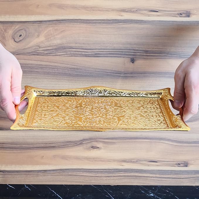 Metal Serving Tray with Raised Edges, Vintage Design Tray, Rectangular Metal Serving Tray, Decorative Serving Platter, Turkish Ottoman Coffee Tea Beverage Serving Square Tray (Gold)