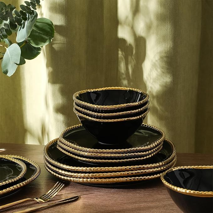 Christian Siriano Akoya Porcelain Dinnerware Set, 12-Piece - Dish Set for 4, Plates and Bowls Set, Black and Gold