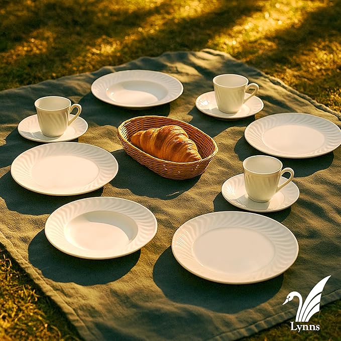 Lynns Paradise Imperial White 20pc Dinnerware Set Embossed Swirl Detail, Elegant Versatility, Timeless White Finish Includes Dinner Plates, Bowls, Cups, and Saucers, Full Tabletop Set