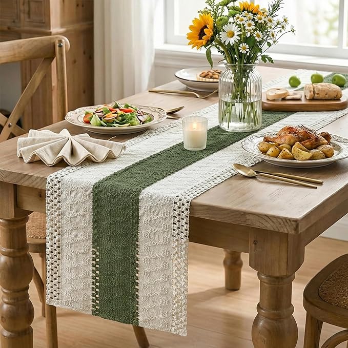 Artoid Mode Army Green Farmhouse Rustic Table Runner, Seasonal Holiday Hollow Kitchen Dining Table Decoration for Home Party Decor 12x48 Inch