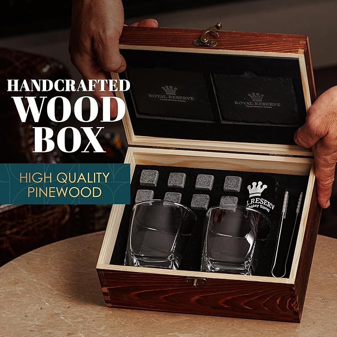 Whiskey Stones Gift Set by Royal Reserve, Artisan Crafted Scotch Bourbon Glasses, Chilling Rocks, Coasters and Tongs – Whiskey Gifts for Men Dad Boyfriend Anniversary or Retirement
