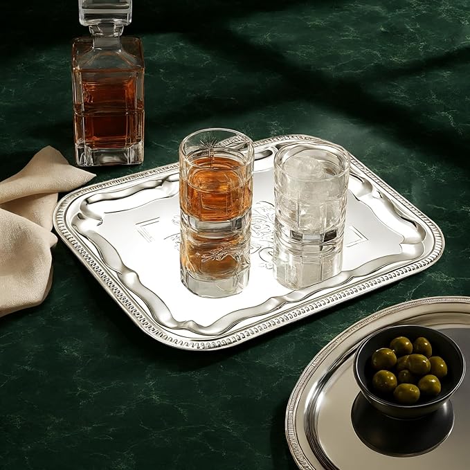 4-Pack 15.7" x 11.8" Silver Serving Trays for Party Set - Floral Engraved Serving Platters, Wedding Birthday Mirror Tray for Christmas, Food, Appetizer, Charcuterie, Cookies, Desserts