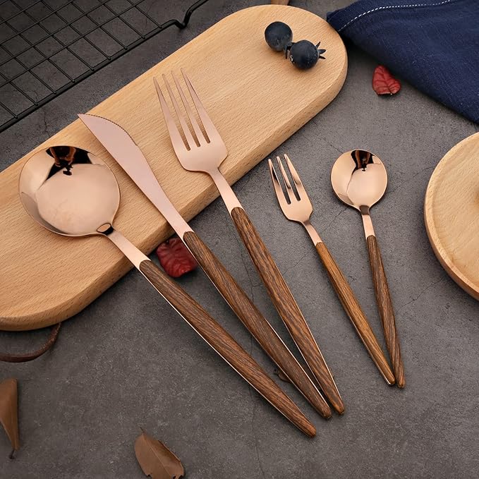 20-piece Wood Silverware Set for 4, Include Knife Fork Spoon, Stainless Steel Flatware Set with Wooden Handle, Mirror, Dishwasher Safe, for Home Kitchen Travel - Round Handle Rose Gold