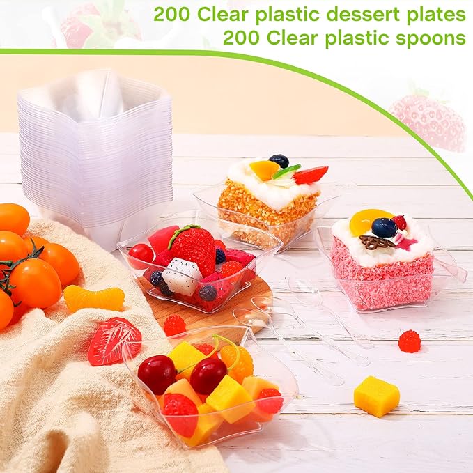 Suclain 200 Sets 5 oz Plastic Dessert Bowls Disposable Mini Dessert Cups with Spoons Appetizer Plates for Birthday Weddings Party Family Gathering