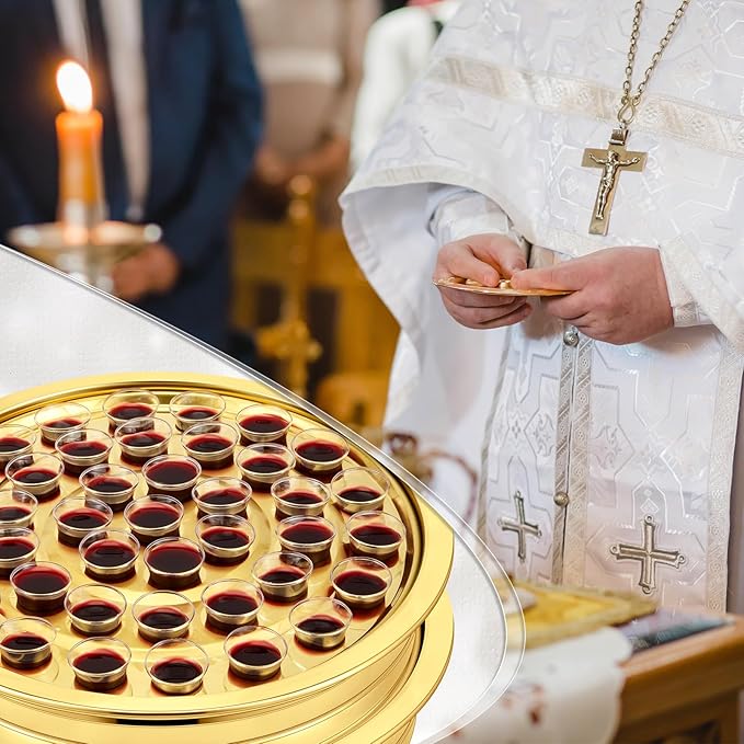 Zhehao 2 Pcs Easter Communion Trays for Churches Set Church Supplies Plates for Church with Disposable Cups (Gold)