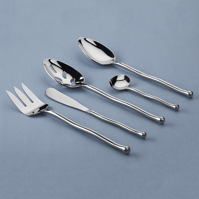 Gourmet Settings - 5-Pieces Hostess Silverware Set - Exotique Platinum - Matte/Polished Metal Flatware Serving Set - Stainless Steel Kitchen Utensils Knife/Fork/Spoons