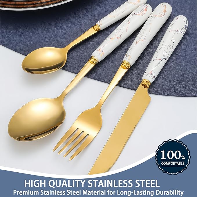24 Pieces Flatware Set, Stainless Steel Cutlery Set with Silverware Holder, Modern Gold Silverware Set Includes Dinner Knives Forks Spoons,Hanging Silverware Set Service for 6 (White Gold)