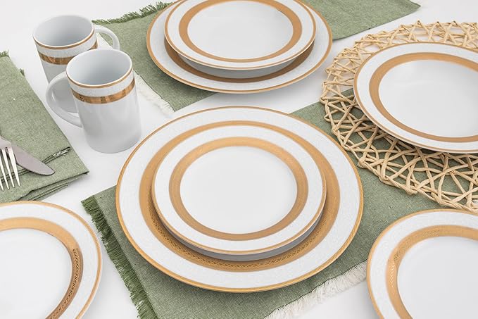 Dinnerware Set for 4 - White with Gold Rope Vintage Design - Porcelain Dish Set Tableware Setting with Mug for Every Day Use or Formal Occasions (Rope 2016, 16 PIECE SET)