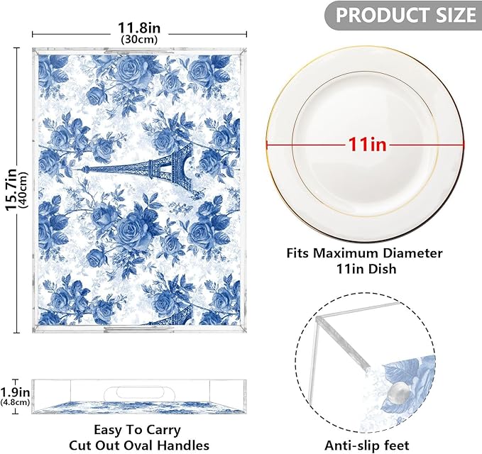 Serving Tray with Handles Clear Acrylic Tray 12x16 Inch Decorative Rectangular Tray Organizer for Ottoman Coffee Table Bathroom Blue Roses and Eiffel Tower