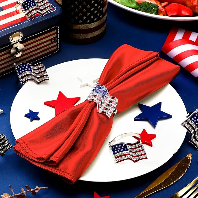 Geiserailie 6 Pieces Patriotic Napkin Rings 4th of July Napkin Ring Holder American Flag Napkin Rings Independence Day Serviette Napkin Ring Holder Napkin Buckle Table Ring for Dinning Table