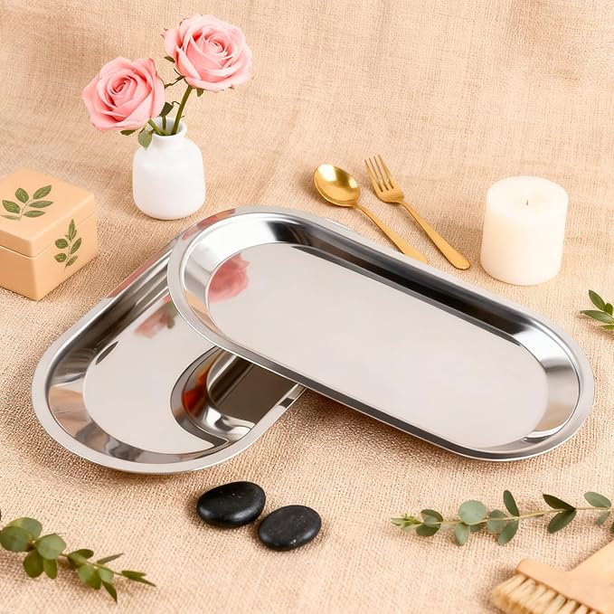 Silver Tray 2 Pack Stainless Steel Decorative Tray 7 in Vanity Tray Jewelry Dish Tea Fruit Cosmetics Clutter Storage Dish Plate Bathroom Kitchen Table Serving Platter,Oval,Silver