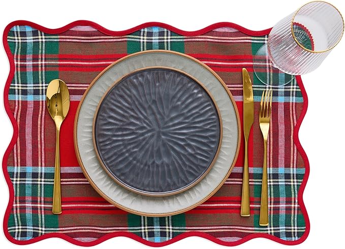 Solino Home Scallop Cloth Placemats Set of 4-100% Pure Linen Red Madras Holiday Plaid Placemats 14 x 19 Inch for Christmas, New Year - Giselle Scallop Edge, Handcrafted and Machine Washable