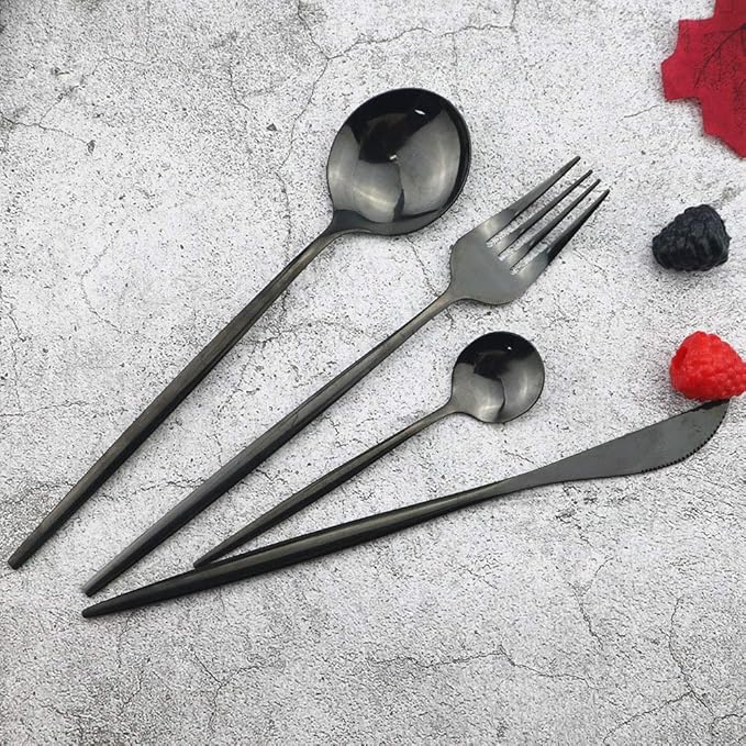 JASHII Black Flatware Serving Set 24 Piece, Stainless Steel Silverware Set, Titanium Black Cutlery, Modern Elegant Tableware for Party, Christmas, Dinner