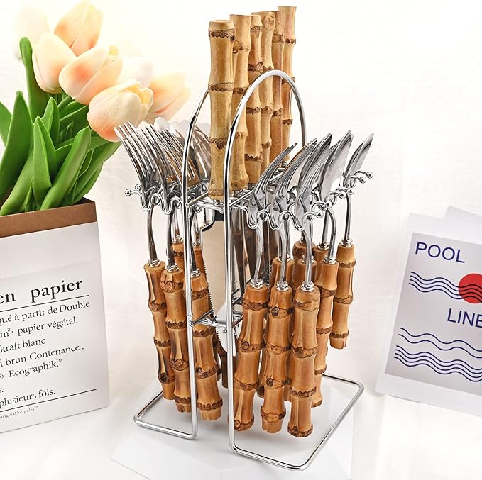 25-PIECE Stianless Steel Tableware Set, Natural Bamboo Silverware Set With Rack, Nice Weight Cutlery Stand Hanging Storage,Service For 6, Mirror Silver