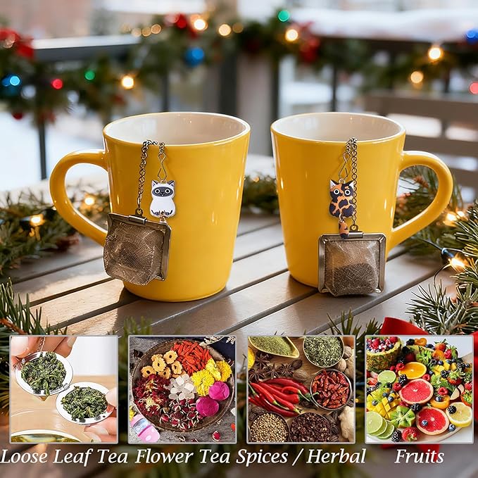 Cat Tea Infuser Set, 2PCS Cubic Loose Leaf Tea Steeper Reusable Stainless Steel Mesh Bags, Cute Tea Strainer with Moving-Tail Cat Charms (Ragdoll & Tortoiseshell)