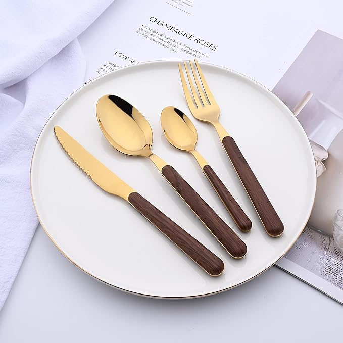 24 Piece Tableware Silverware Set with Faux Wooden Handle, Brown Gold Stainless Steel Flatware Cutlery Set for 6, Utensil Set for Home Including Forks Spoons Knives, Mirror Polished