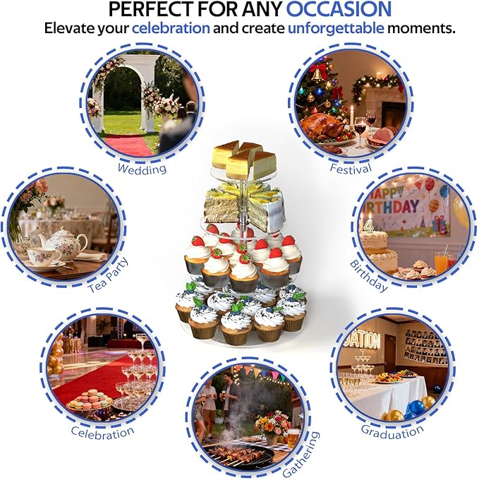 4-Tier Rotating Cupcake Stand, Clear Acrylic 360° Spinning Dessert Display Tower for Cakes & Pastries, Serving Stand for Weddings, Birthdays, Parties