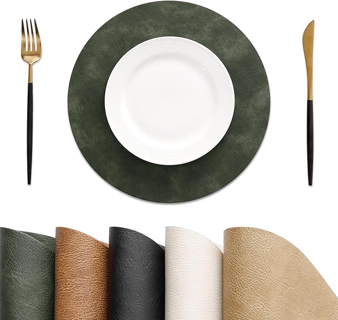 MOSAYT 13 Inch Round Vinyl Placemats Set of 6 - Faux Leather 100% Waterproof Oil-Proof Wipeable PU Place Mats, Heat Resistant Reversible Table Mats for Kitchen, Dining, Outdoor (Olive Green)