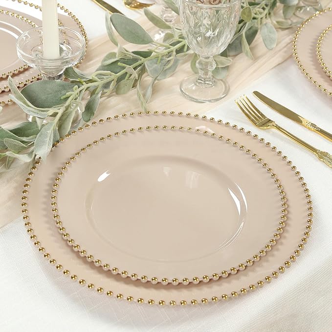 Efavormart 10-Pack Plastic Round Dinner Plates 10" Taupe with Gold Beaded Rim - Disposable Party Plates for Stylish Gatherings & Celebrations