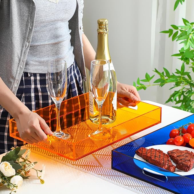 Set of 2 Large Acrylic Tray 16''x12'' Neon Blue Orange Ottoman Coffee Table Tray with Handles Maximalist Decorative Serving Platter for Food Tea Dinner Snack Eating Bar Party