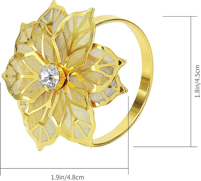 Pack of 18 Napkin Rings Alloy Hollow Out Flower Napkin Holder Dinning Table Napkin Ring for Dinner Parties Wedding Banquet Table Setting Family Gatherings Table Decor (Gold Flower, 18)