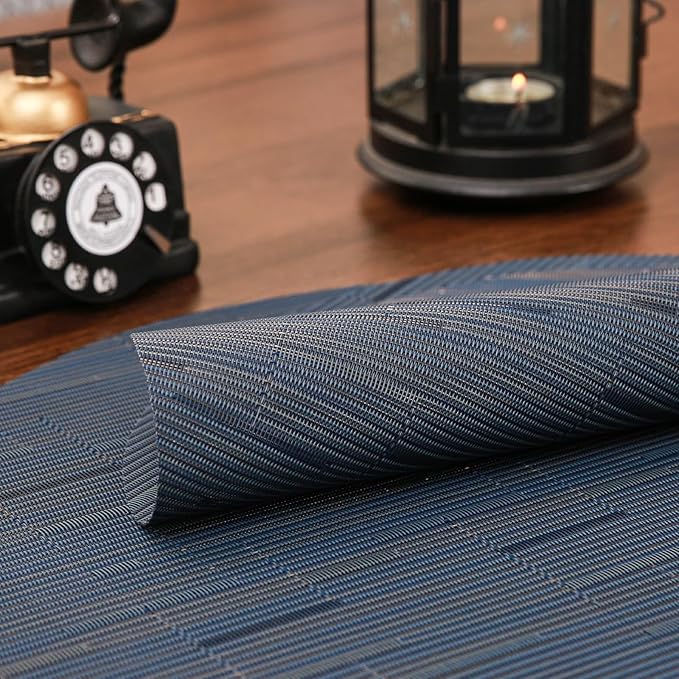 Round Placemats Set of 4 Heat Resistant Vinyl Placemats 15 inch Washable Non-Slip Table Mats Woven Place Mats for Dining Table (Black + Dark Blue, Set of 4)