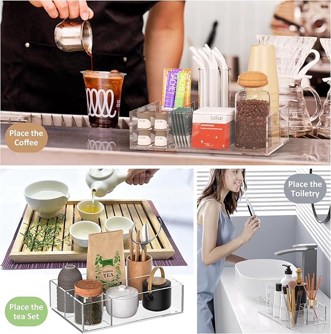 Clear Coffee Station Accessories Organizer, Countertop Acrylic Coffee Bar Tray for Coffee, Tea Bags, Condiments, Cups, Jars