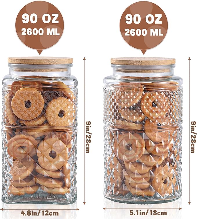 90 oz | 0.7 Gallon Large Cookie Jar, Glass Jar with Airtight Lid, Decorative Kitchen Canister with Bamboo Lids, Candy Jar | Glass Storage Air tight Glass 2600ml Round & Square