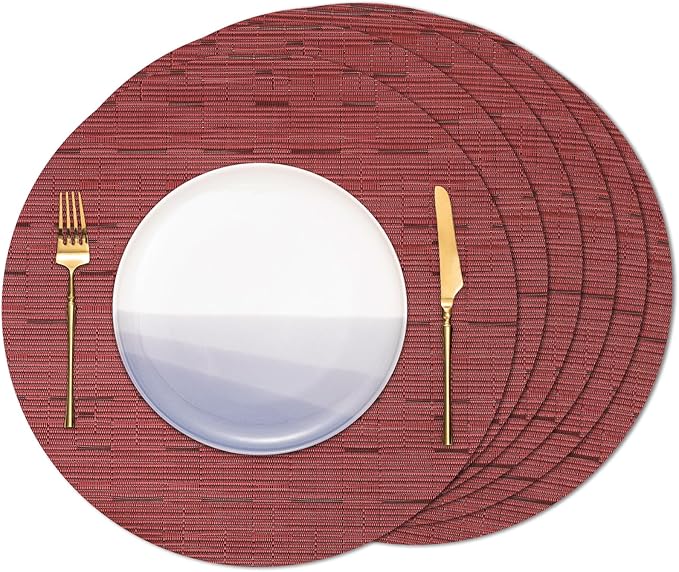Round Placemats Set of 6 Heat Resistant Vinyl Placemats 15 inch Washable Non-Slip Table Mats Woven Place Mats for Dining Table (Red, Set of 6)