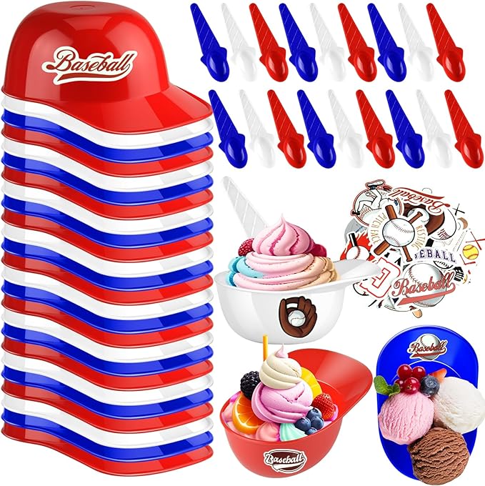 MEEZY 50 Set Baseball Helmet Ice Cream Bowls with 25 Mini Dessert Cups and 25 Spoons, 8oz Reusable Baseball Cap Snack Dessert Cup Bowls Baseball Party Favors for Kids Sports Birthday Party Supplies