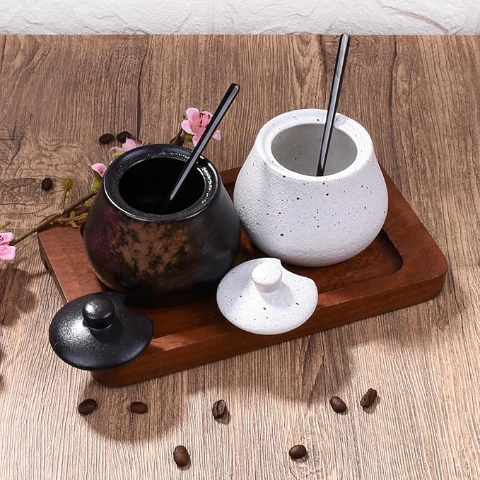 Sugar Bowl with Lid and Spoons Porcelain Sugar Salt Containers for Spice Seasoning (Black)