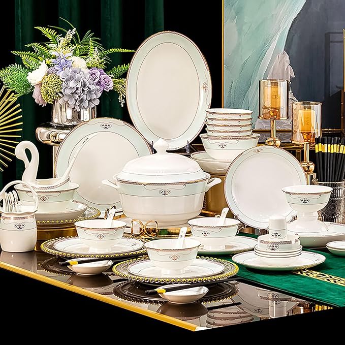 Bone China Tableware Set, 59-Piece Ceramic Tableware, Banquet Tableware for 8-10 People, Microwave-Safe Tableware, White Cyan Bone China