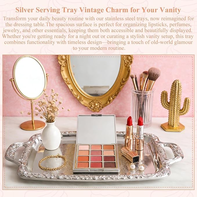 Large Silver Serving Tray for Party,Floral Engraved Serving Platters with Handles,Vintage Stainless Steel Tea Trays for Party,Rectangular Decorative Mirror Plates for Appetizer,Charcuterie,Wedding