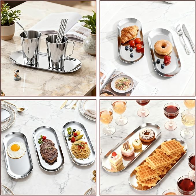 LANIAKEA 10PCS Stainless Steel Decorative Tray 7 Inch Metal Trays Decorative Serving Platter Small Storage Tray for Perfume Trinket Key Candle, Oval, Silver
