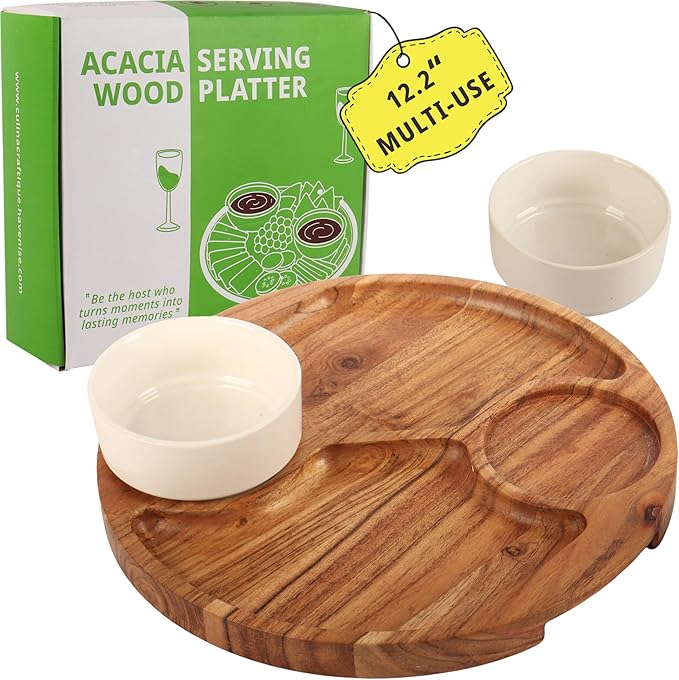 Chip and Dip Serving Platter — w/ 2 Ceramic Bowl — 12.2" Large Divided Serving Tray With Handles For Nachos & Salsa, Snack, Veggie, Fruit, Dessert — Wooden Hosting Essentials For Home