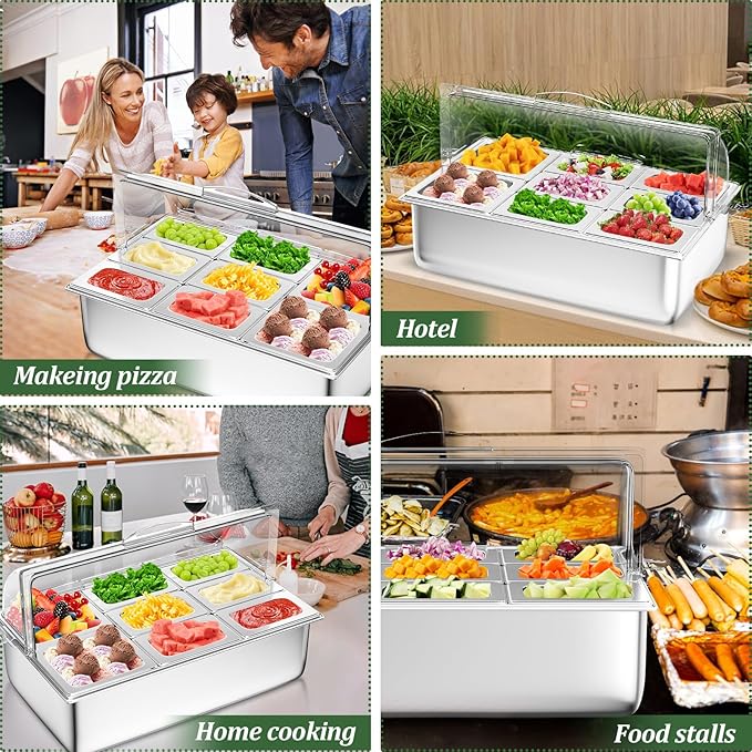 Countertop Food Serving Display Container with Clear Roll Top Cover, Stainless Steel Salad Serving Tray Condiment Dispenser Ice Food Serving Display Tray for Buffet Restaurant Kitchen Party(8 Pan)