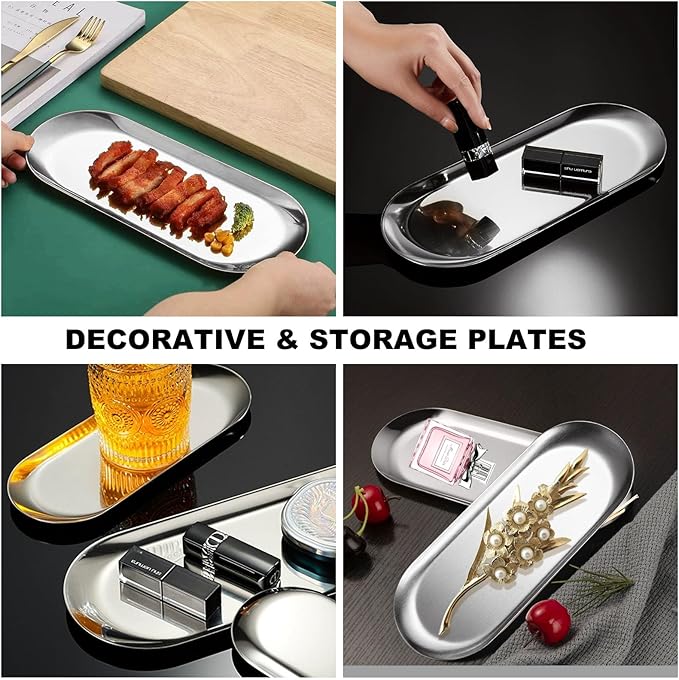 6PCS Stainless Steel Serving Tray Set Small Metal Trays Decorative Silver Platters for Serving Food Party 9" Long Plate Oval Storage Trays Thickened Serving Dishes for Entertaining Sushi Snack