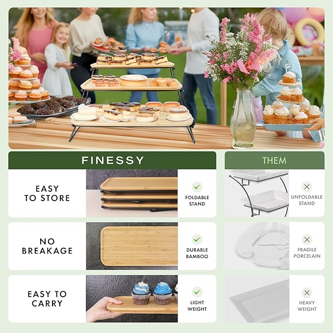 FINESSY 3 Tier Serving Tray for Party Dessert and Appetizer Stand, Wooden Three Tiered Serving Tray Stand & Platter Tower Plate for Food Fruit Cookie Afternoon Tea Hosting, Dessert Table Display Set