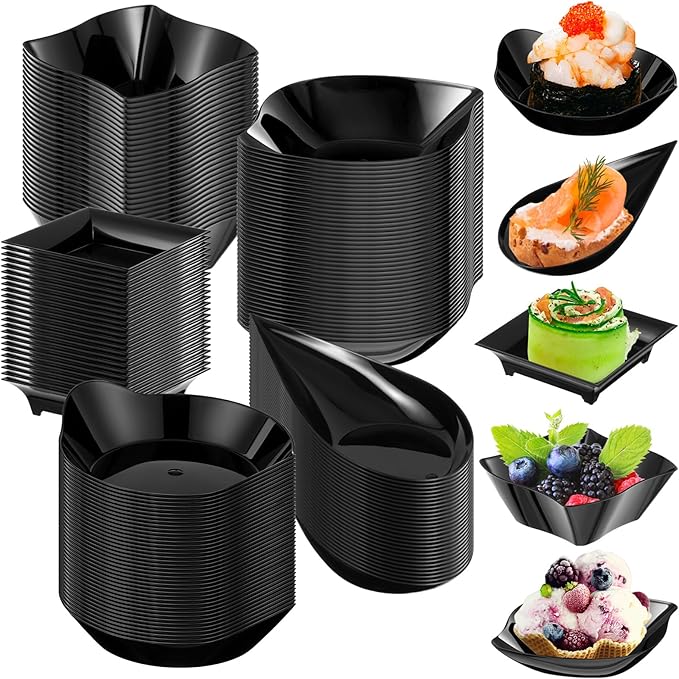 Tessco for you 100 Pcs Mini Appetizer Plates Set, Disposable Dessert Plates Assorted Shape Mini Plastic Spoons for Wedding Party Birthday (Black)