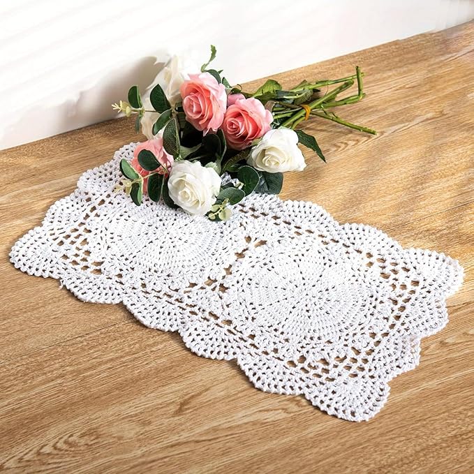Handmade Rectangle Doilies, 2-Piece Handmade Crochet Cotton Doilies Lace Table Crochet Placemats Coaster (White)