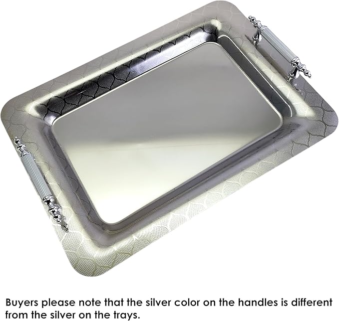 (Pack of 2) 18.5 inch x 13 inch Oval Chrome Plated Silver Serving Tray Stylish Design Iron Gold Floral Engraved Edge in Party Decor Birthday Gift Platter Plate NC-114
